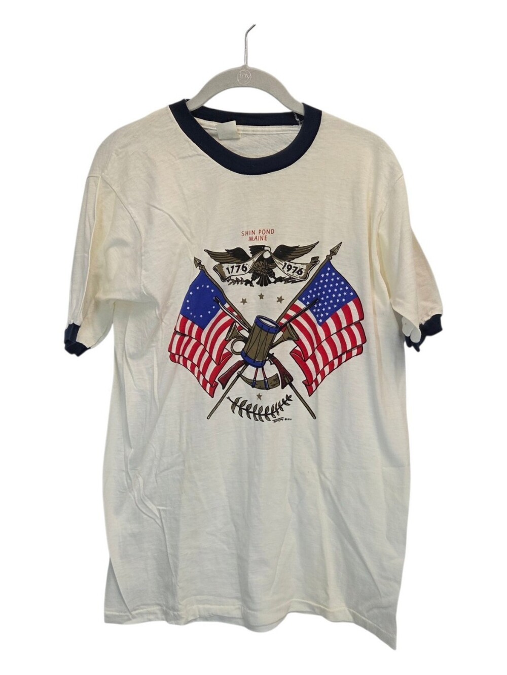 Vintage Ringer T-Shirt "Shin Pond Maine" Patriotic USA Size Large **Runs Small